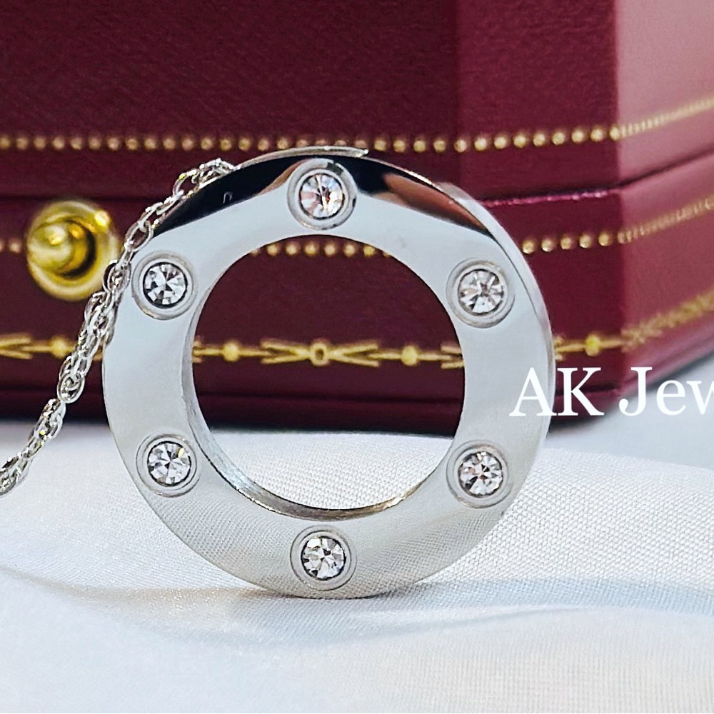 💎LUXURY Necklace 6 Diamonds White Gold Pendant Silver Round Screw Circle Love